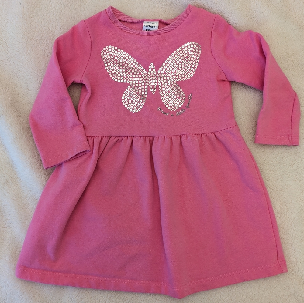 Carter's Pink Sweater Dress. Long sleeve w/ Silver Sparkle Butterfly. Size 12 M